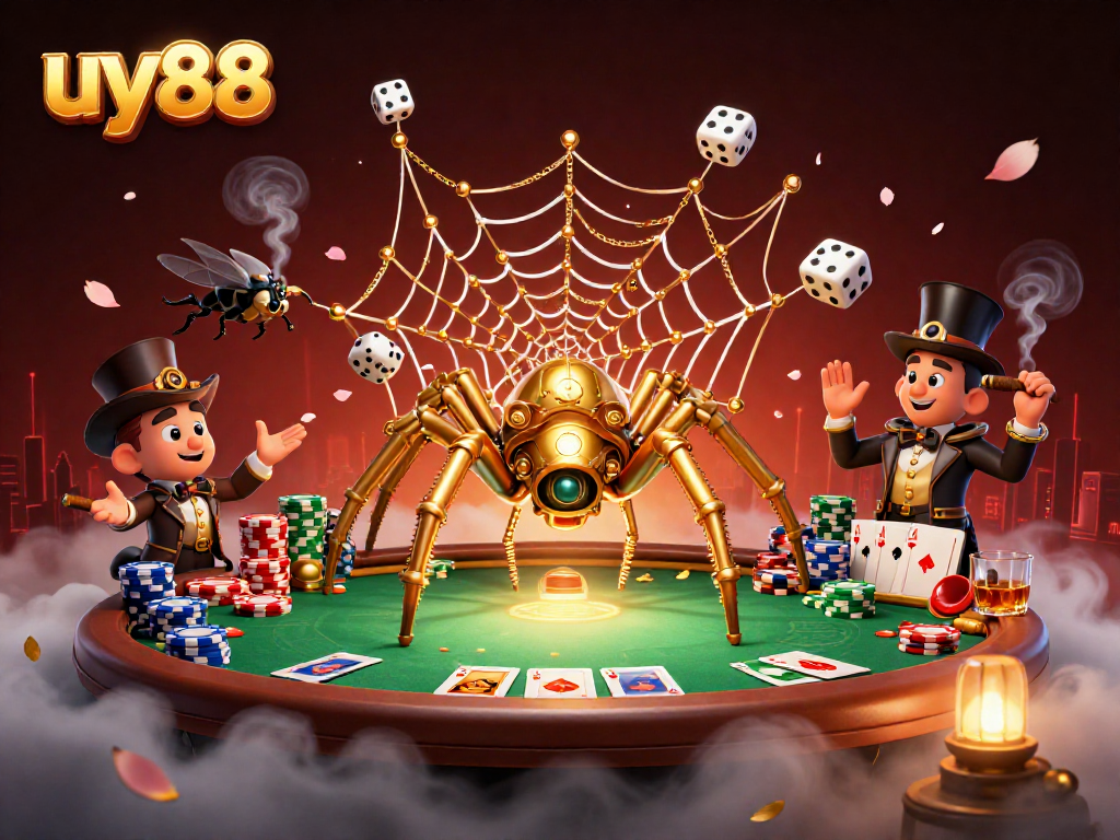 Engage in casino excitement with uy88's steampunk spider web and golden poker chips.