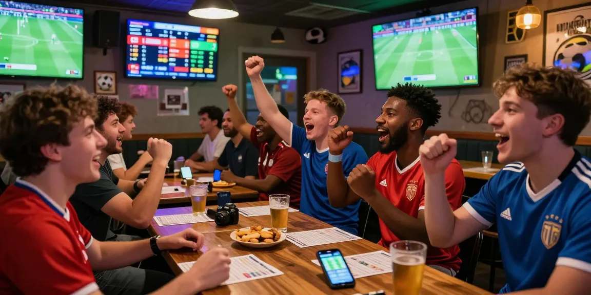 Exciting football betting scene in Malaysia with fans cheering and betting slips during a live match.