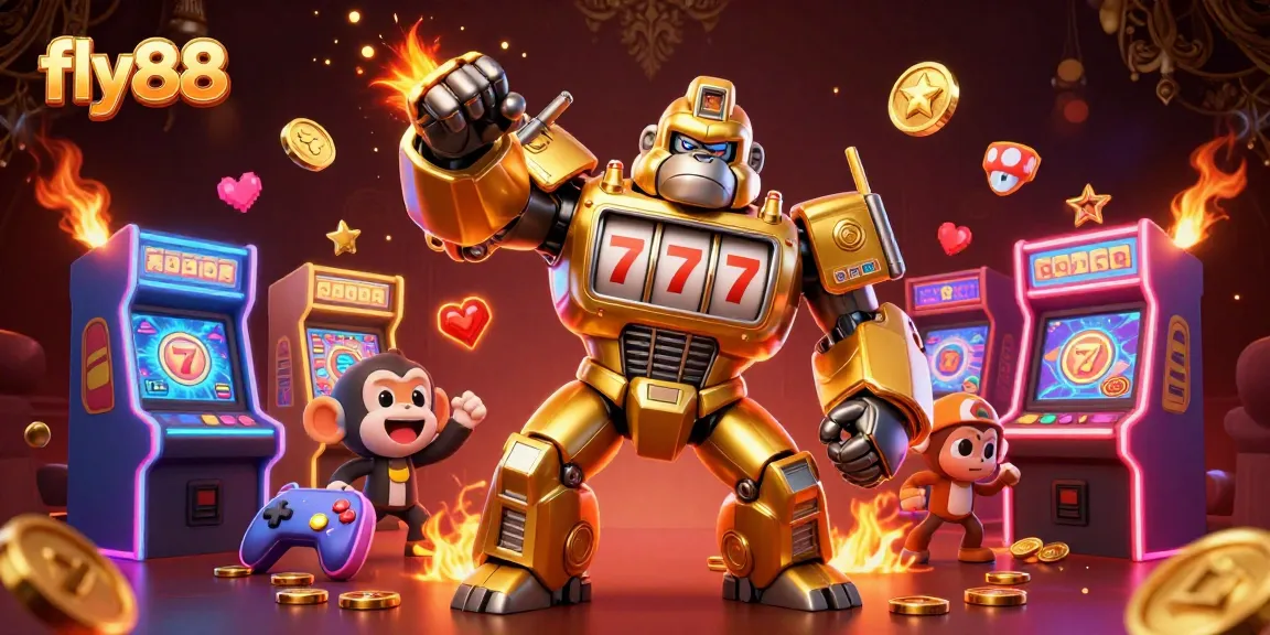 Experience thrilling gameplay at fly88 with a stunning 3D casino illustration featuring a golden gorilla mech.