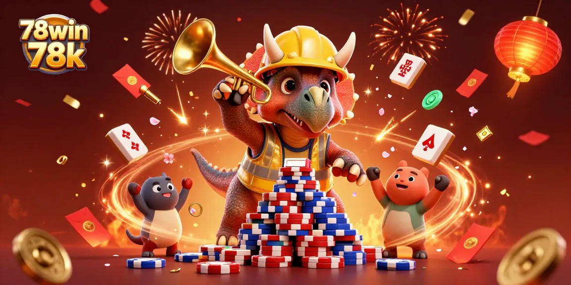 Experience the excitement of 78win 78k with triceratops building poker chips amidst festive elements.