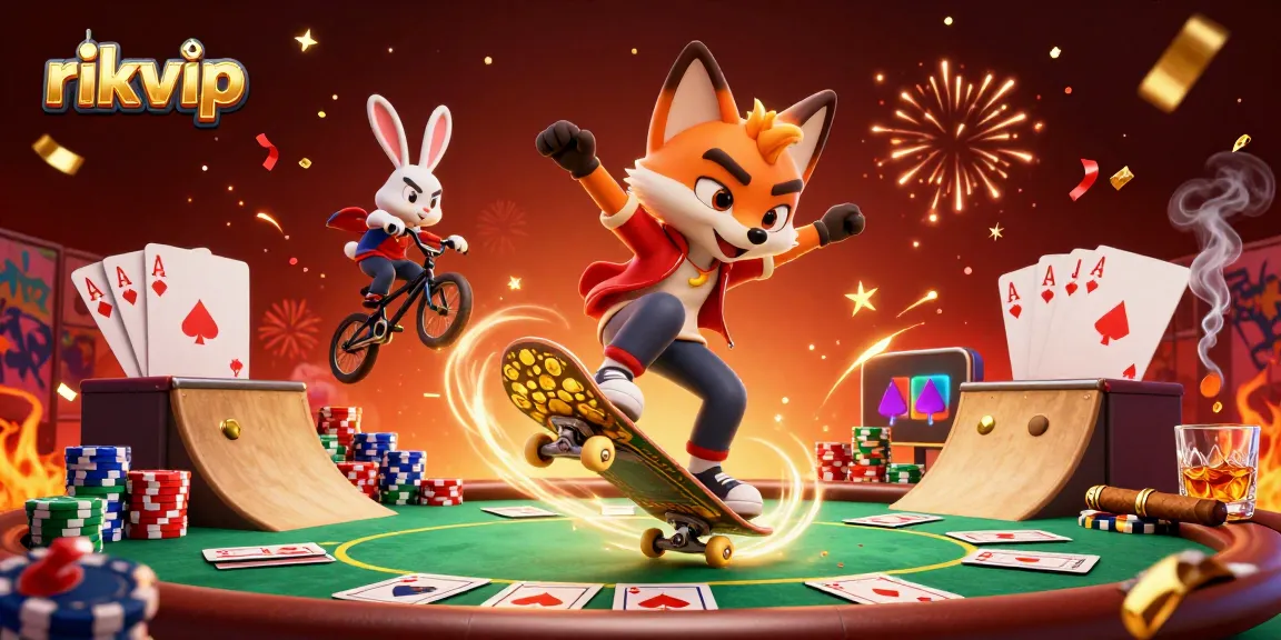 Experience thrilling action in rikvip with a skateboard fox and BMX rabbit amidst vibrant casino elements.