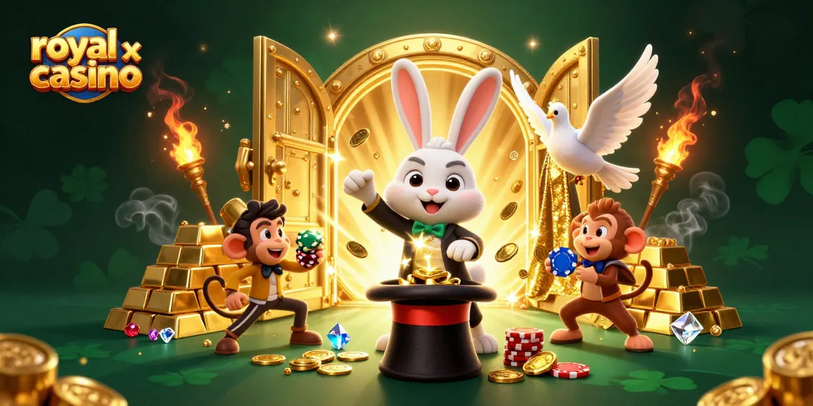 Experience the royal x casino magic with a cartoon aesthetic featuring games, treasure, and excitement.