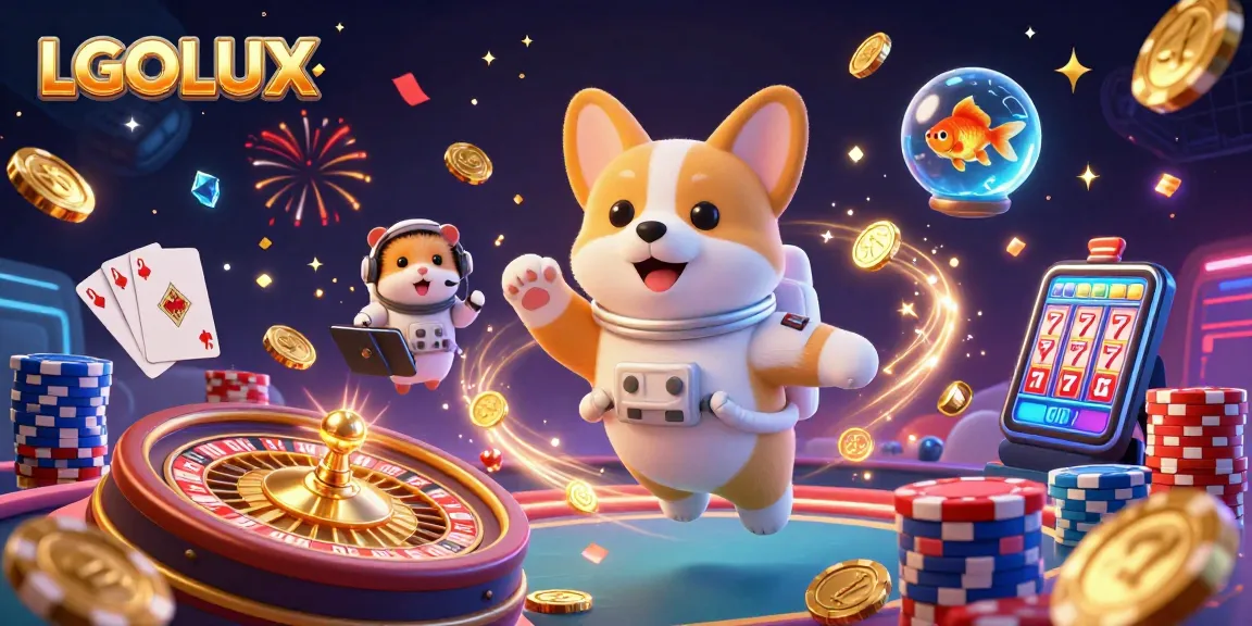 Experience the thrill of LGOLUX with a vibrant casino scene featuring an astronaut corgi, golden coins, and a roulette wheel.