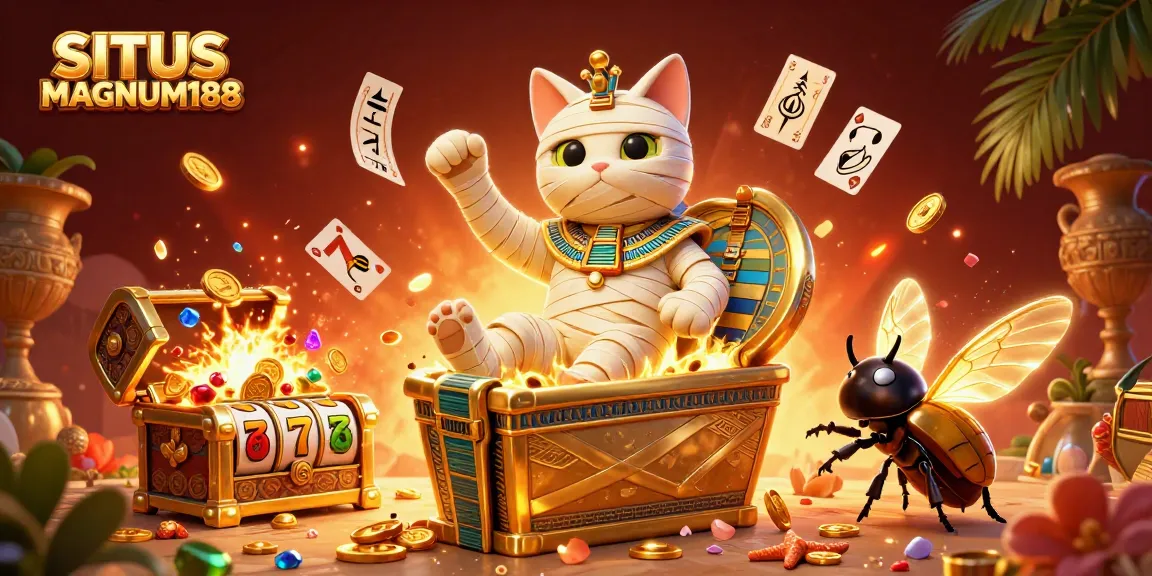 SITUS MAGNUM188 showcases a pyramid casino scene with a mummy cat, scarab, and floating playing cards.