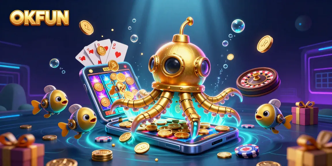 Engage in thrilling slots at OKFUN with a vibrant underwater scene filled with golden treasures.