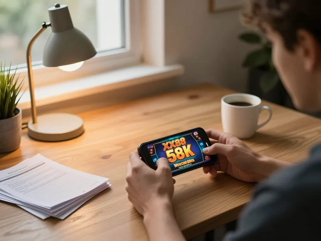 Experience thrilling mobile gambling with XX88 58k bonus in a cozy gaming setup