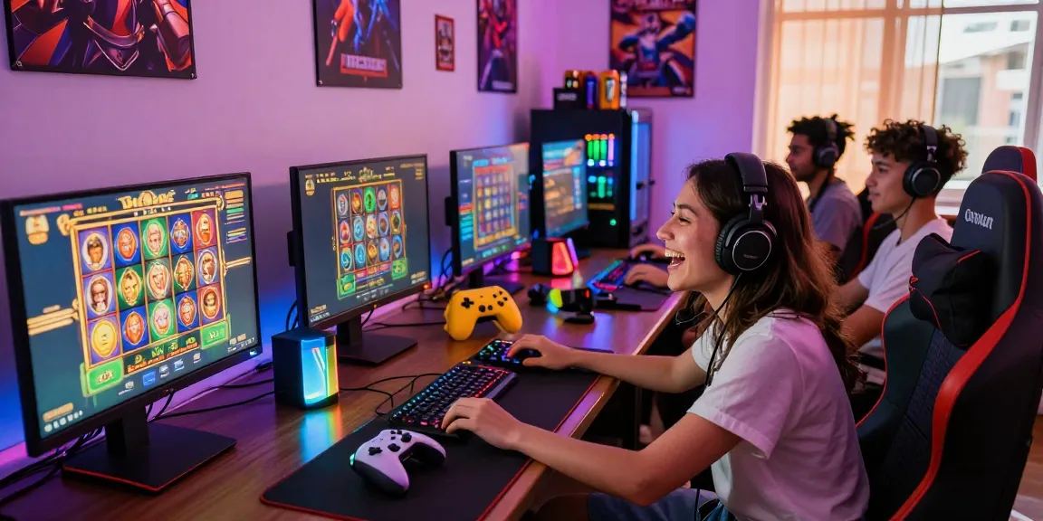 Exciting gaming session featuring diverse players engaged with HWGSLOT online slots, colorful setups, and lively atmosphere.