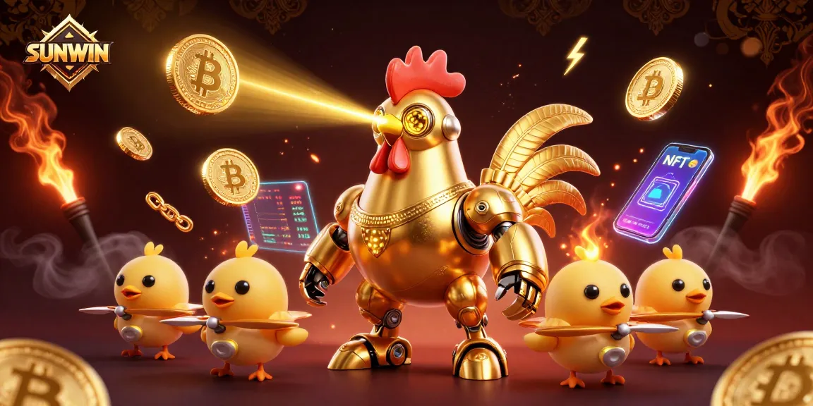 SUNWIN offers an exhilarating gaming experience with the golden rooster robot and baby chick drones amid vibrant cryptocurrency elements.