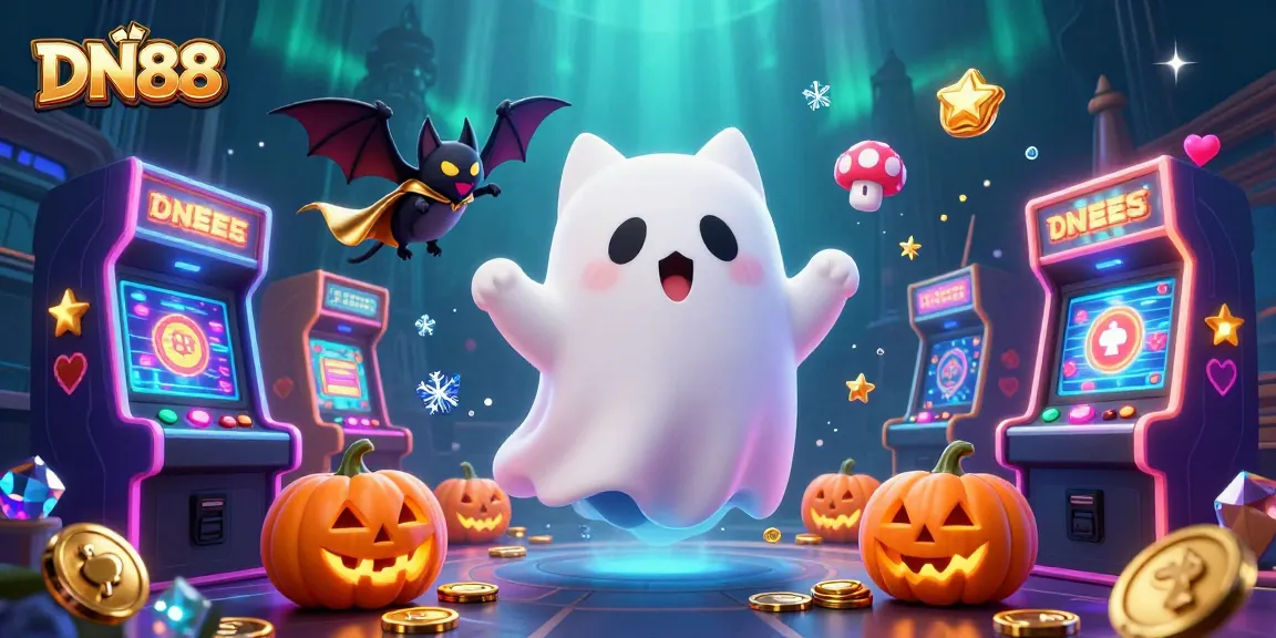 Engage in high-stakes gaming at DN88 with a whimsical haunted casino setting and vibrant arcade elements.
