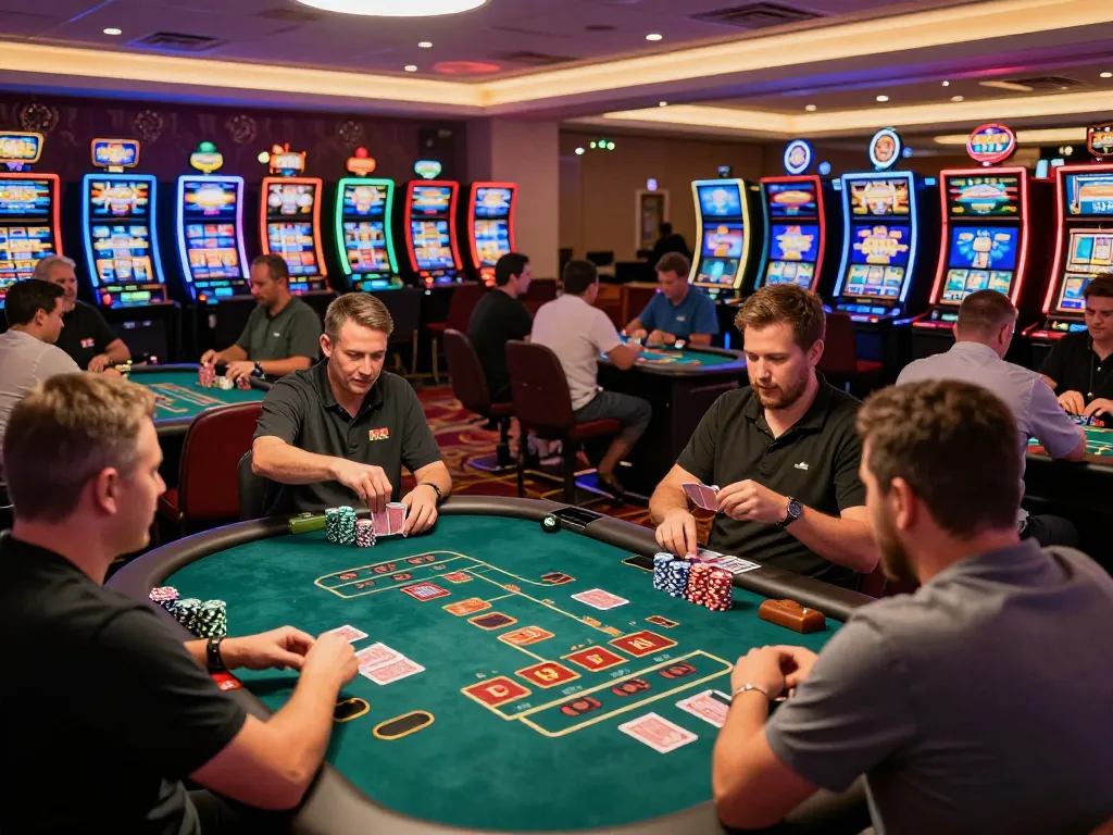 Players at LC888 gaming tables enjoying a thrilling casino experience with vibrant slot machines in background.