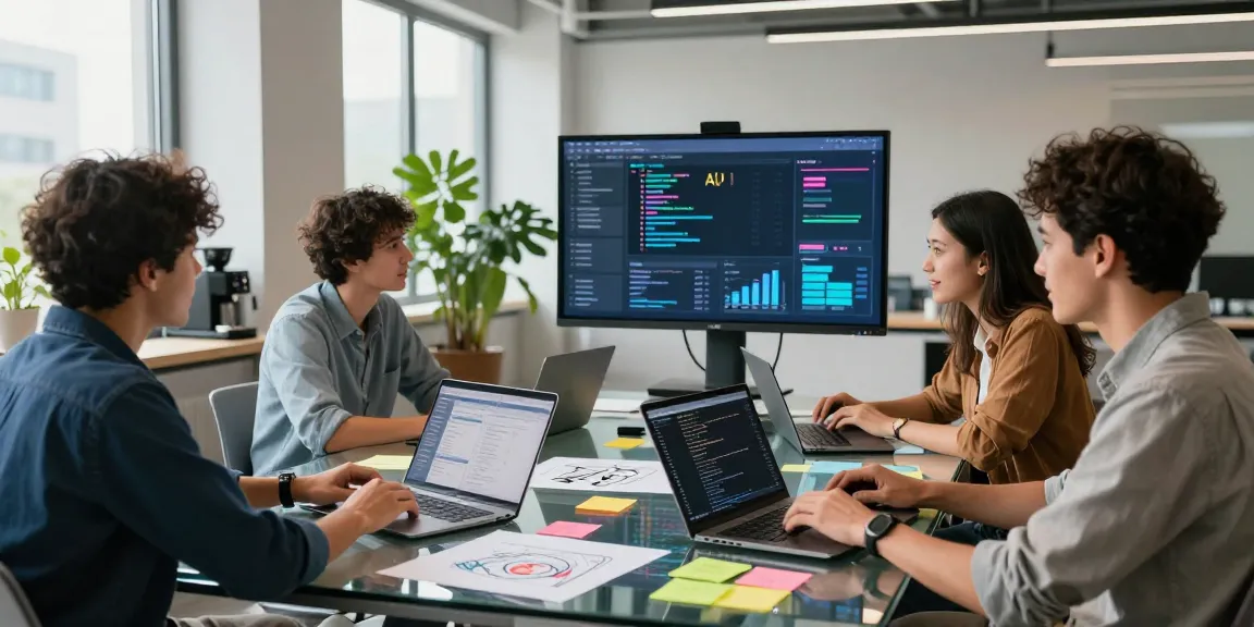 Team collaborating on the best AI tools in a modern office setting, showcasing innovation and teamwork.
