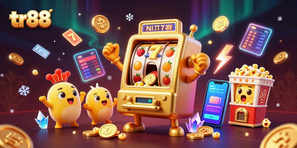 Engage with tr88's thrilling jackpots as a cartoon slot machine celebrates a huge win surrounded by vivid casino elements.