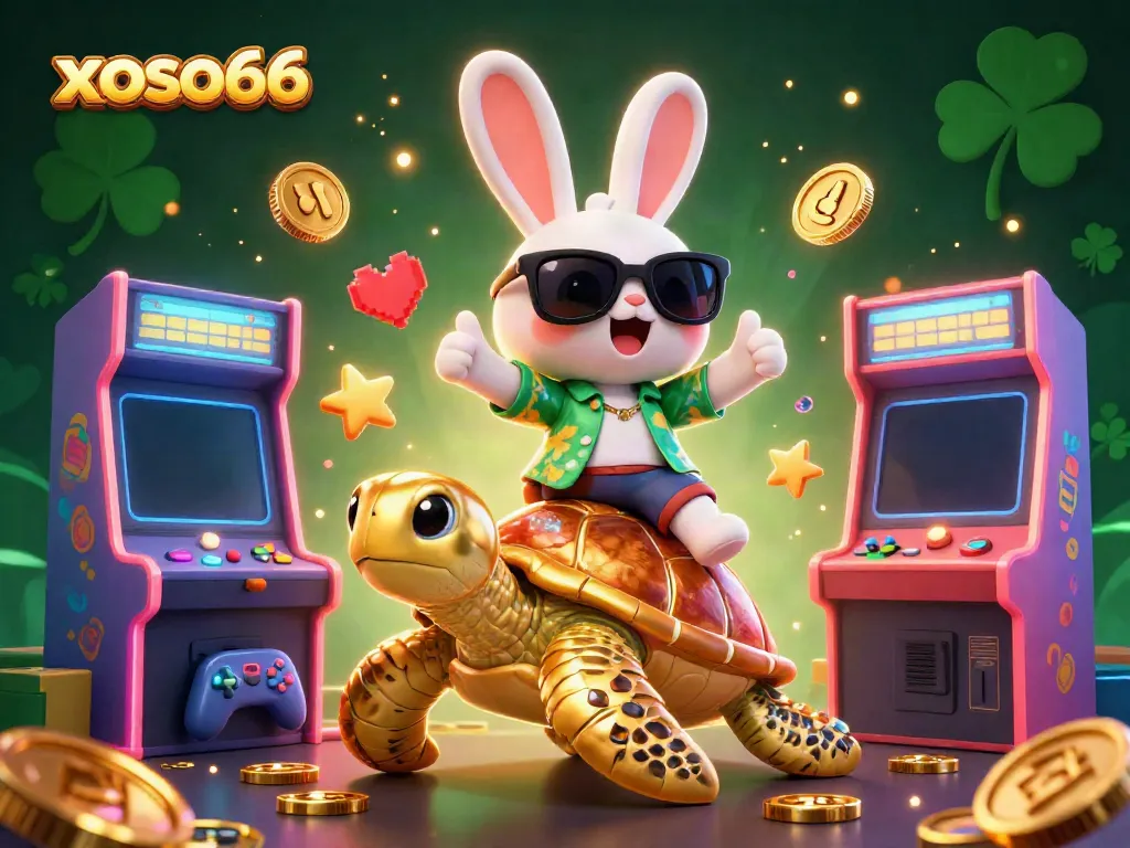 Experience the excitement of xoso66 with a lucky rabbit and golden sea turtle in a vibrant casino scene.