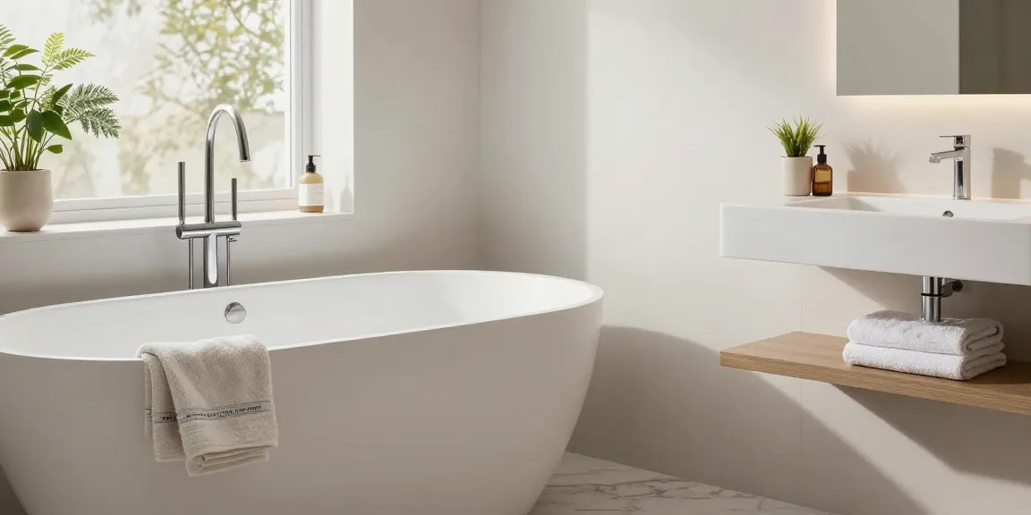 KKR solid surface freestanding bathtub and wall basin in modern bathroom design highlighting elegance and hygiene.