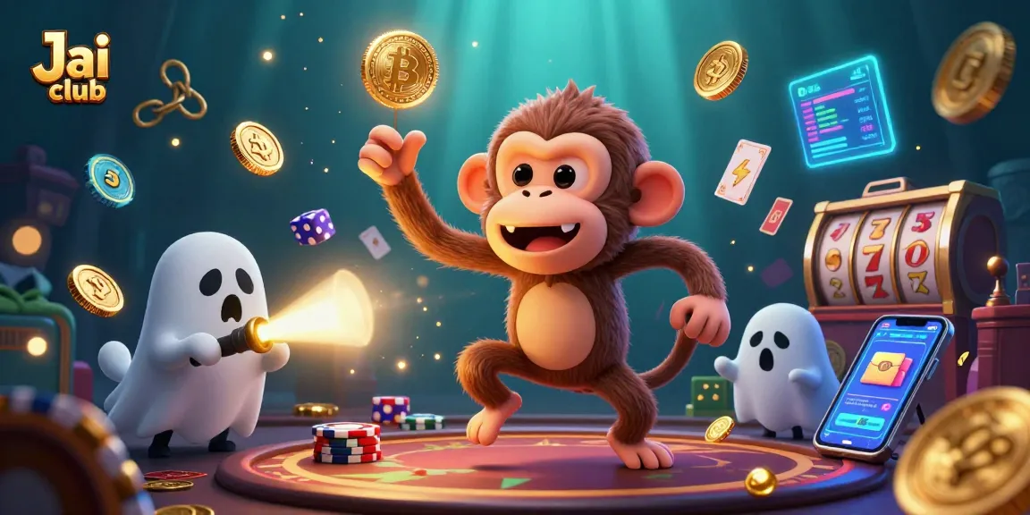 Engage with Jai club through a vibrant casino scene featuring a playful monkey and ghost-hunter puppy.