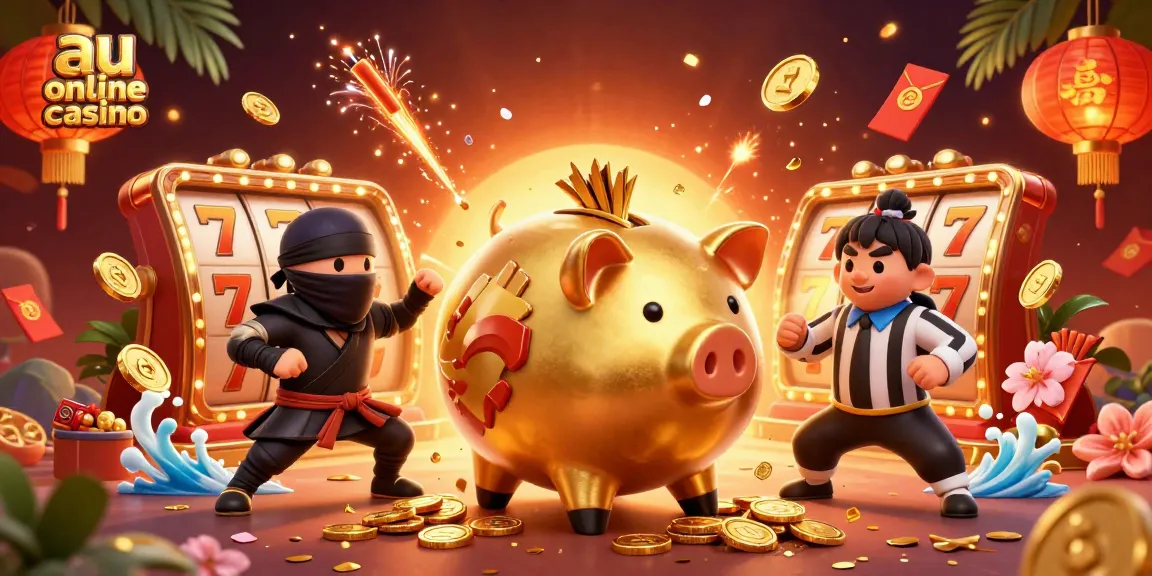 Experience thrilling action at au online casino with vibrant 3D piggy bank, ninja, and samurai in an energetic scene.