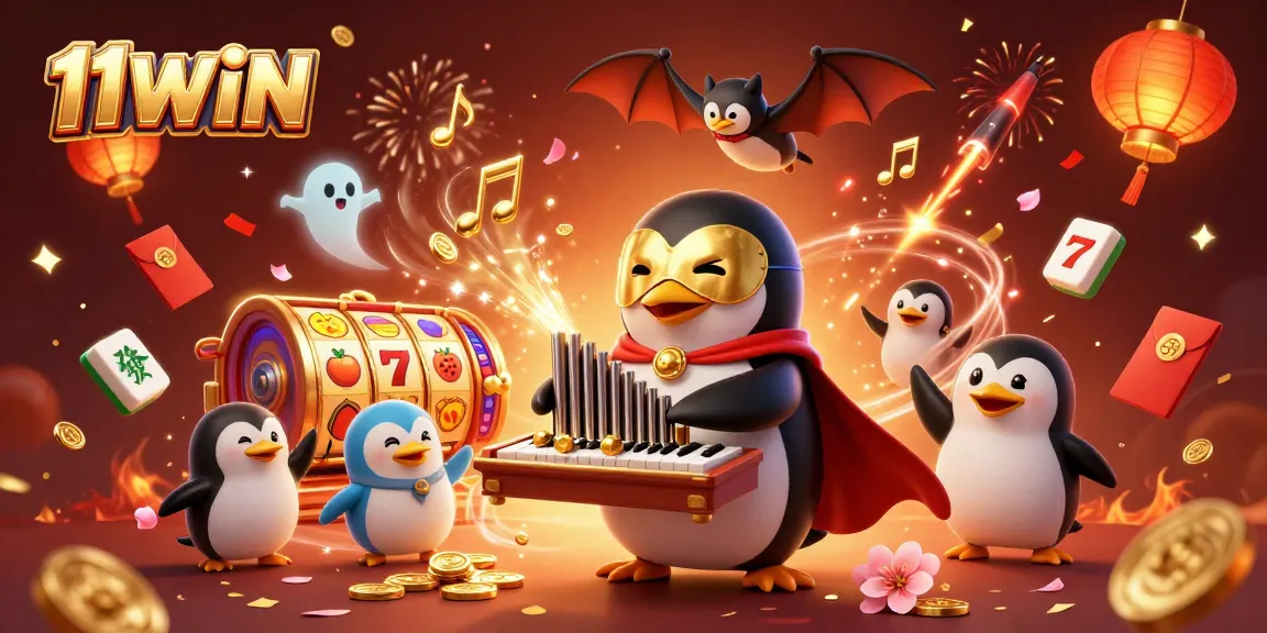 Experience thrilling wins with 11WIN, featuring a playful penguin and vibrant gaming symbols.
