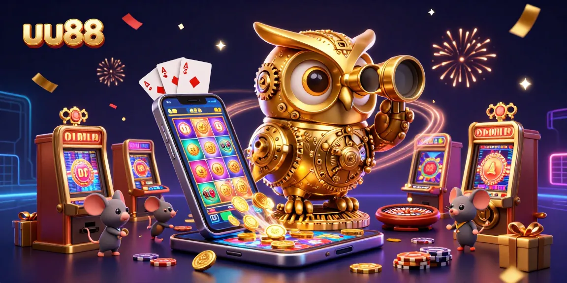 Experience exhilarating gameplay with uu88’s vibrant casino scene featuring a golden owl and mini slots.