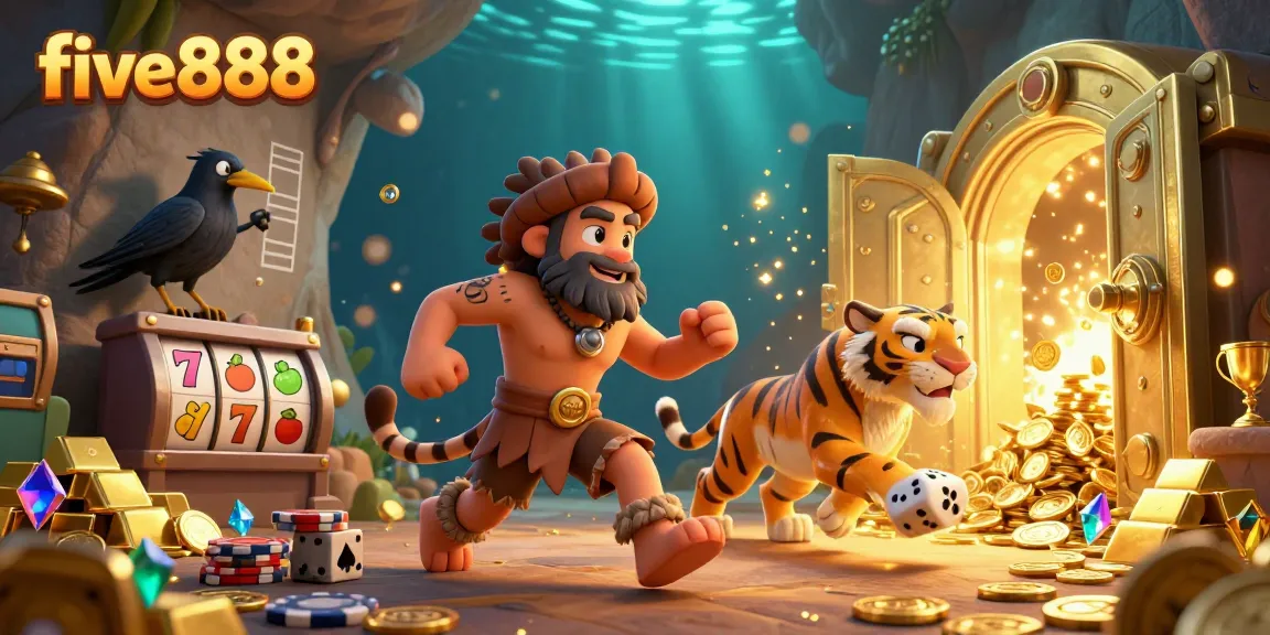 Experience thrilling gaming with five888 at a prehistoric casino featuring animated stone poker chips and vibrant slot reels.