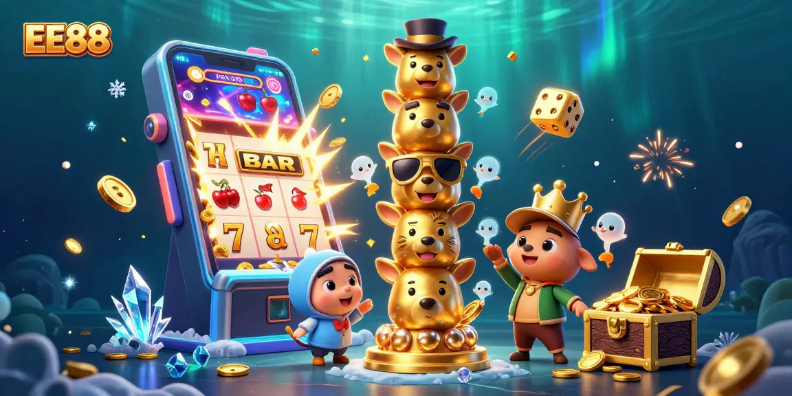 EE88 showcases a vibrant casino scene with a golden totem pole surrounded by slot machine elements.