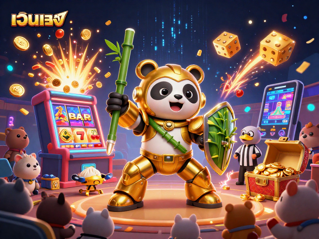 Engage with เว็บตรง as the golden panda battles in a vibrant 3D casino world full of excitement.