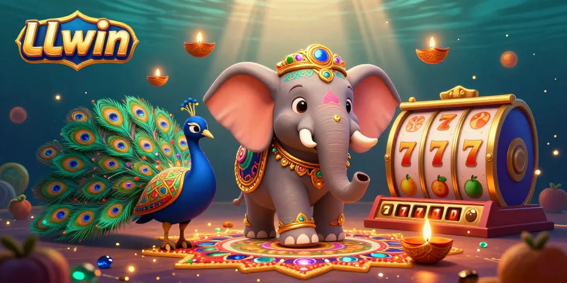 Engage with LLwin's vibrant casino experience, featuring a festive elephant, peacock, and dynamic slot elements.