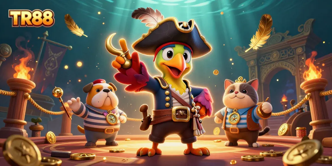 Win big with TR88 casino as the cartoon pirate captain, bulldog, and cat navigate gaming treasures.