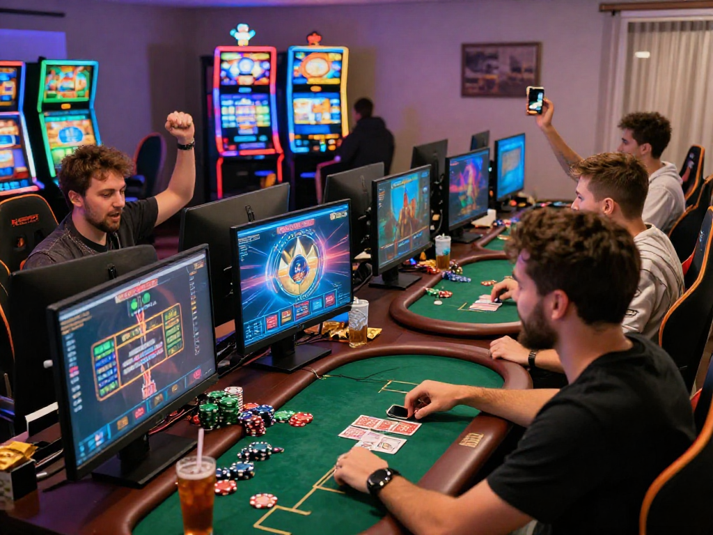 Giocatori di casino non aams impegnati in un'esperienza di gioco online, celebrando vittorie in un ambiente moderno.