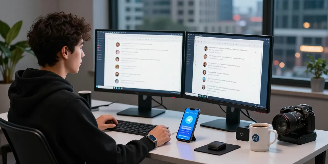 Digital workspace showcasing telegramin-cn.com interface with a young professional collaborating through tech.