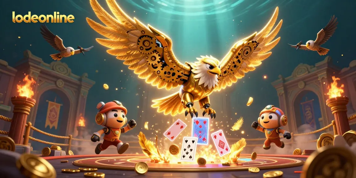 Engage with lodeonline's exciting gameplay featuring a cybernetic eagle soaring through holographic cards.