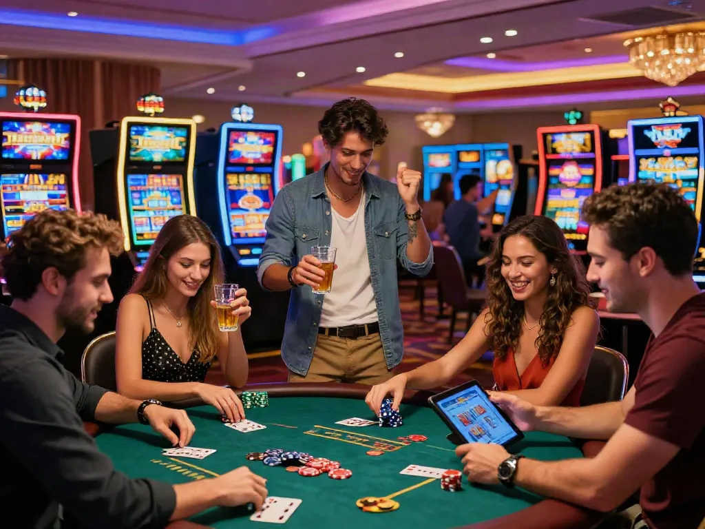 Exciting scene of friends enjoying Casino Gratuit sans depot games, celebrating wins in a vibrant casino atmosphere.