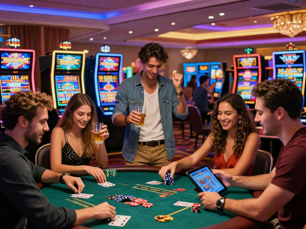 Exciting scene of friends enjoying Casino Gratuit sans depot games, celebrating wins in a vibrant casino atmosphere.
