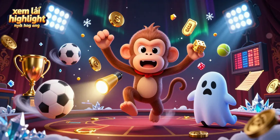 xem lại highlight ngoại hạng anh in a dynamic haunted casino scene with cartoon characters and sports elements.