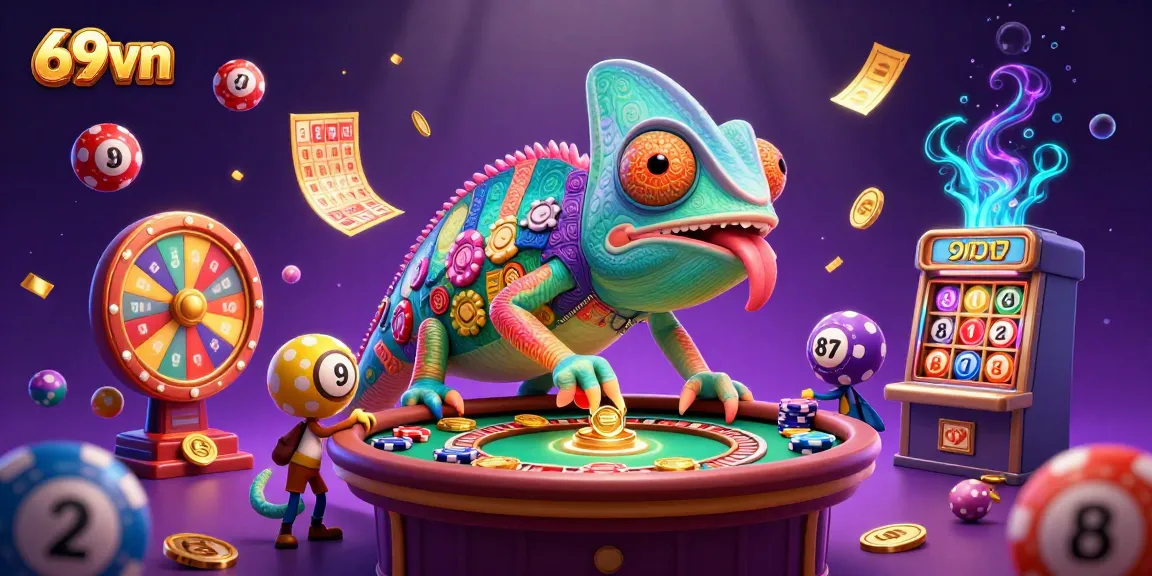 Win big with 69vn's vibrant casino elements and chameleon character amidst the fun.