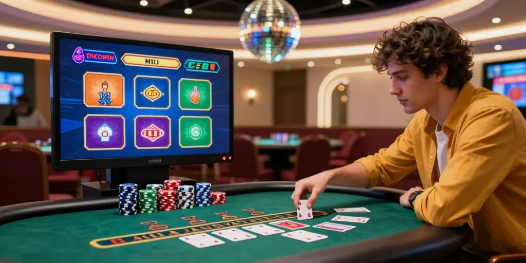 Exciting gameplay at DiscoWin casino featuring bright cards and colorful chips.