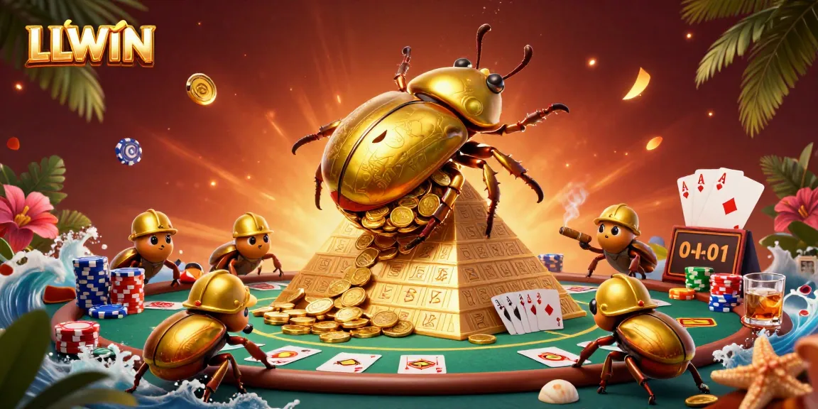 Engage with LLWIN's thrilling gaming environment featuring a golden dung beetle amidst casino treasures.