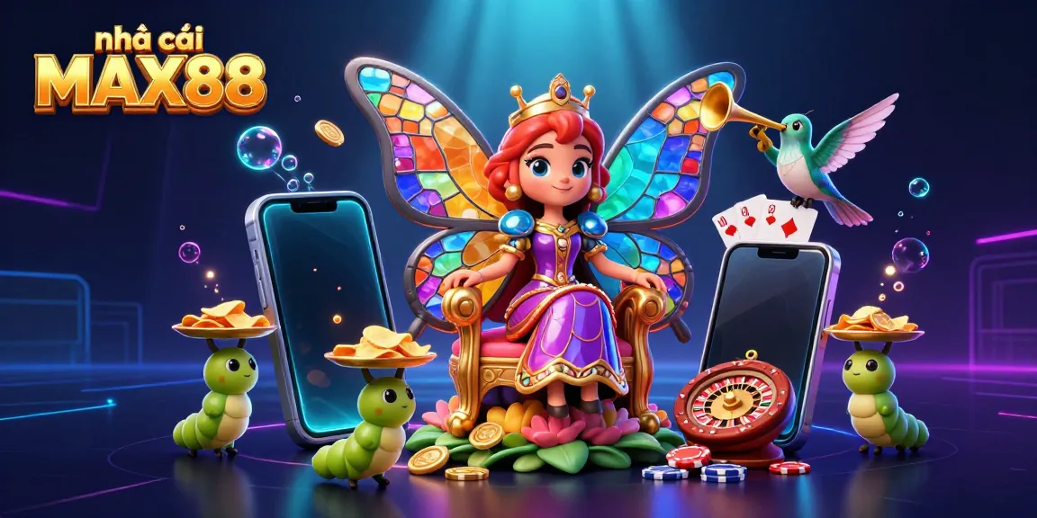 Engage with nhà cái MAX88 in a vibrant 3D scene featuring a butterfly queen and casino elements.