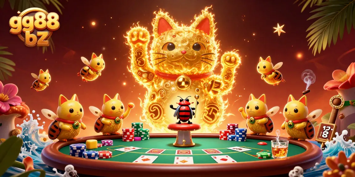 Engage with gg88 bz gaming excitement featuring golden lucky cat in dynamic casino illustration.