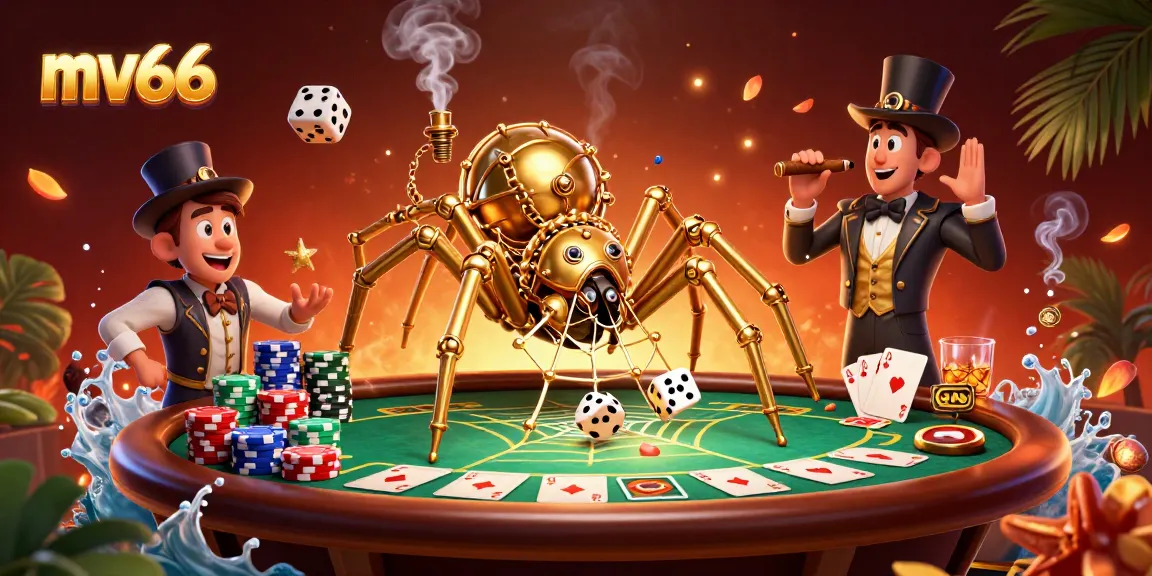 Experience vibrant gameplay at mv66, featuring a steampunk spider and poker elements in an exciting casino scene.