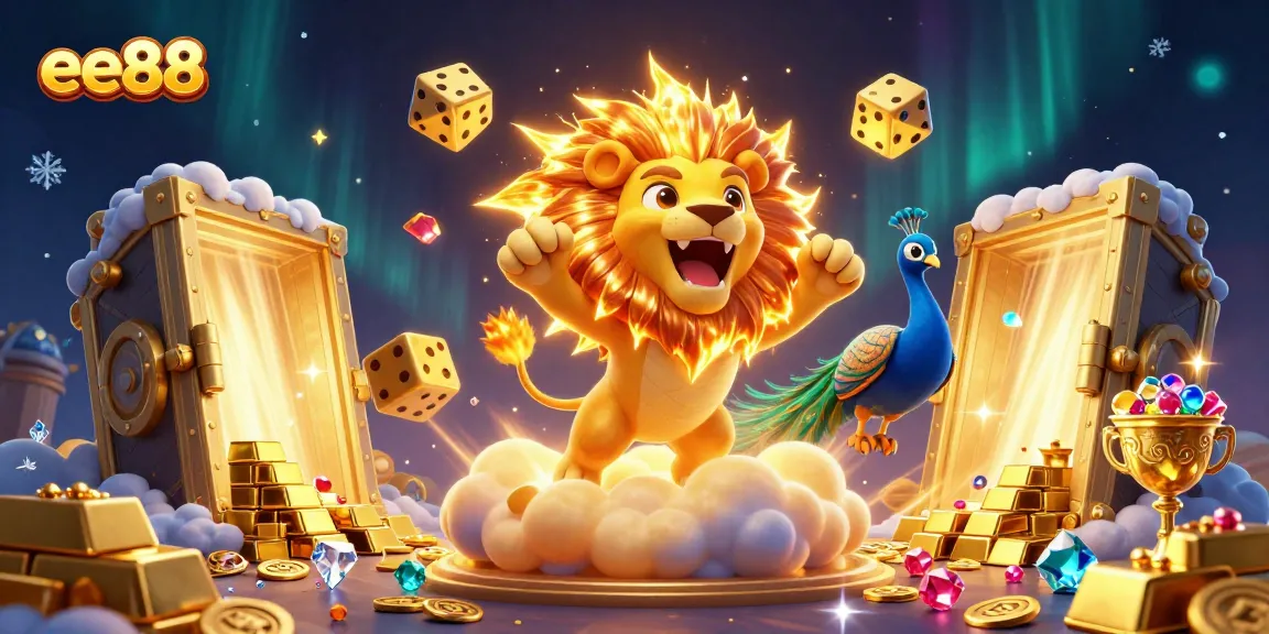 Win big with ee88 in this vibrant casino-themed illustration featuring gold and jewels.