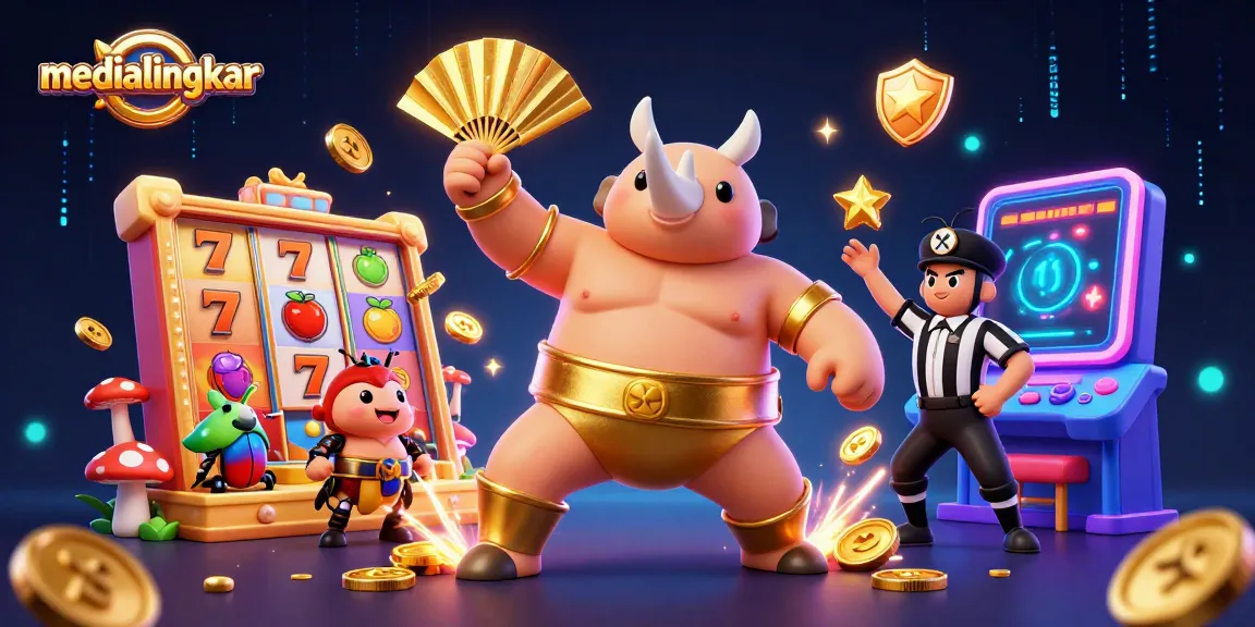 medialingkar features a dynamic 3D illustration with a beetle champion stomping gold coins in a vibrant casino.