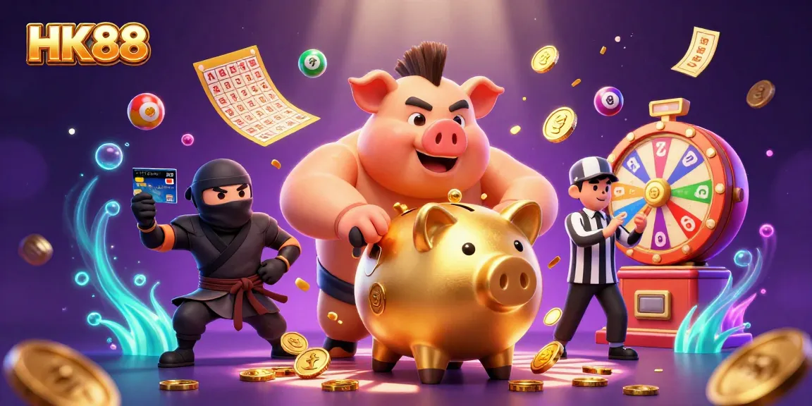 Experience HK88's thrilling gaming world with an energetic scene featuring a piggy bank sumo wrestler!