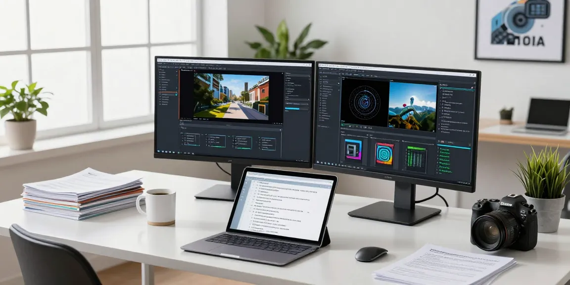 AI detector in use by a data scientist analyzing images on dual monitors in an innovative workspace.