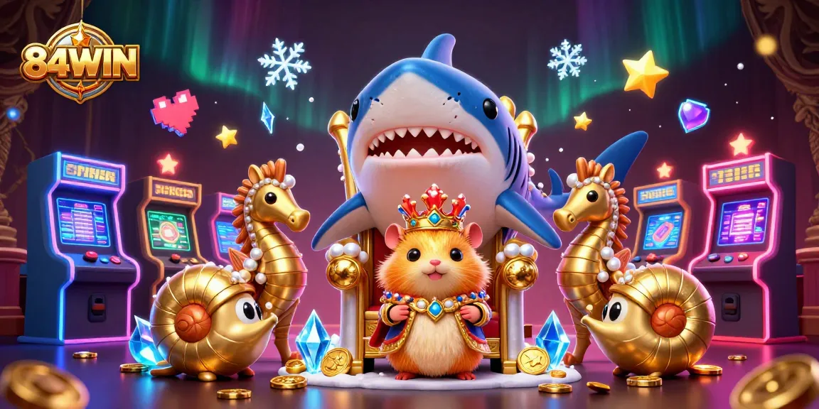 Win exciting games at 84WIN with a fierce golden hamster king surrounded by vibrant casino elements.