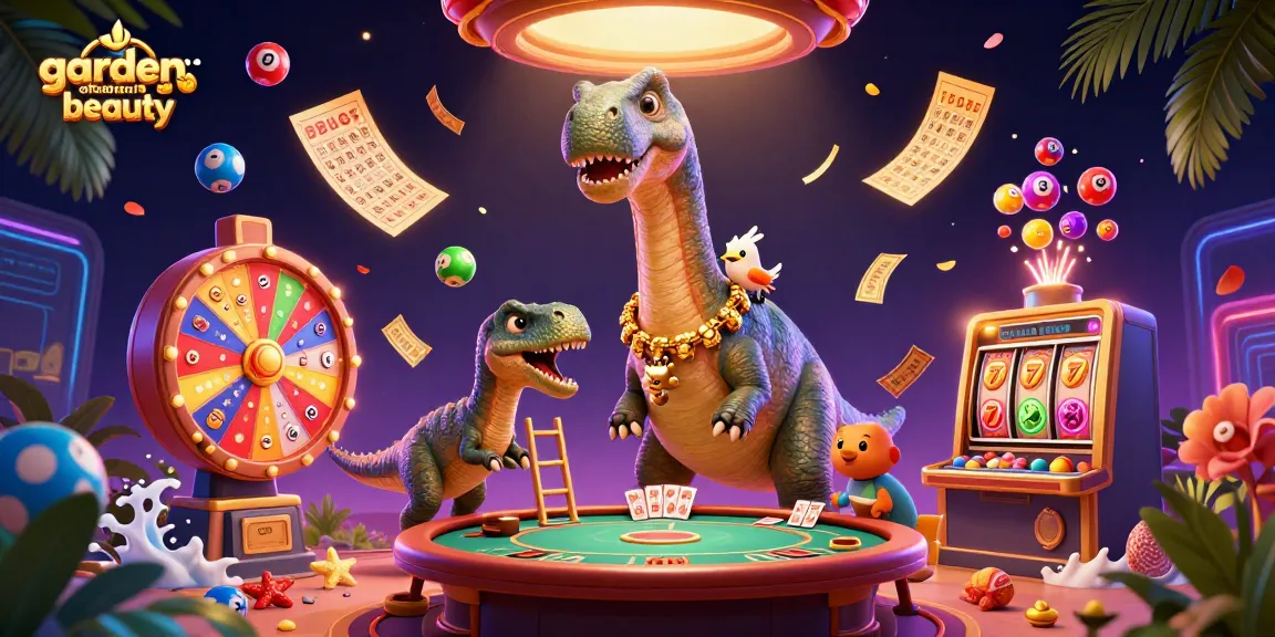 Ilustrasi kasino 3D yang menampilkan gardenofnaturalbeauty dengan karakter dinosaurus dan elemen permainan.