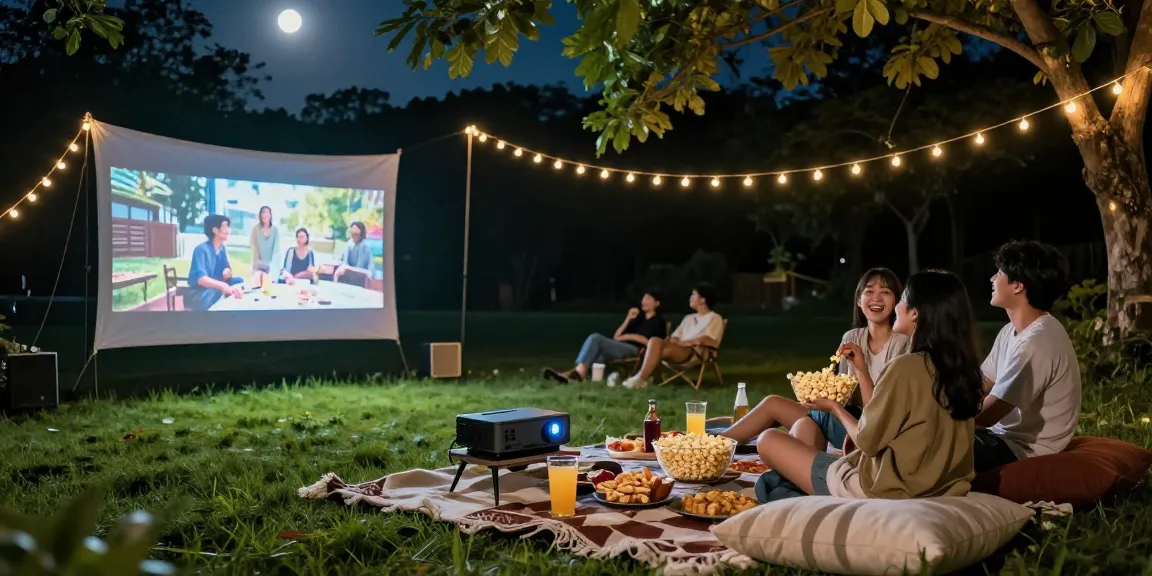 Outdoor movie night setup with friends enjoying entertainment at https://av66th.com/ under fairy lights.