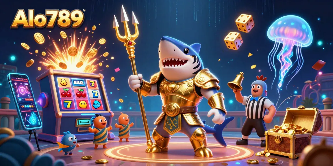 Alo789 showcases thrilling underwater casino gaming featuring a fierce shark gladiator amidst slot machines and colorful dynamics.