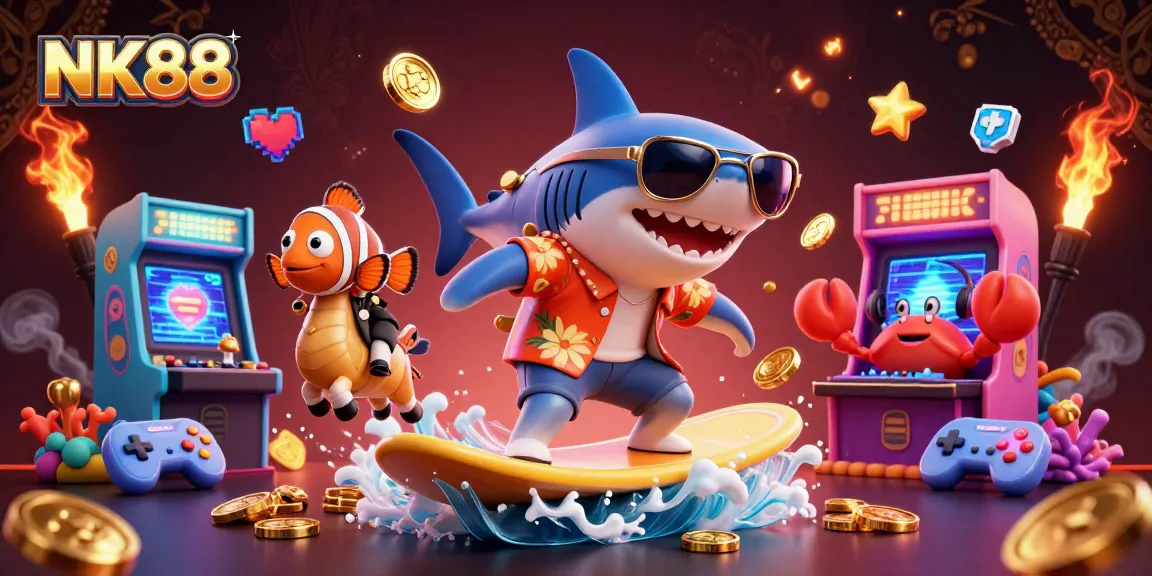 Join the excitement with NK88 as the shark surfs on gold coins amidst vibrant gaming action.