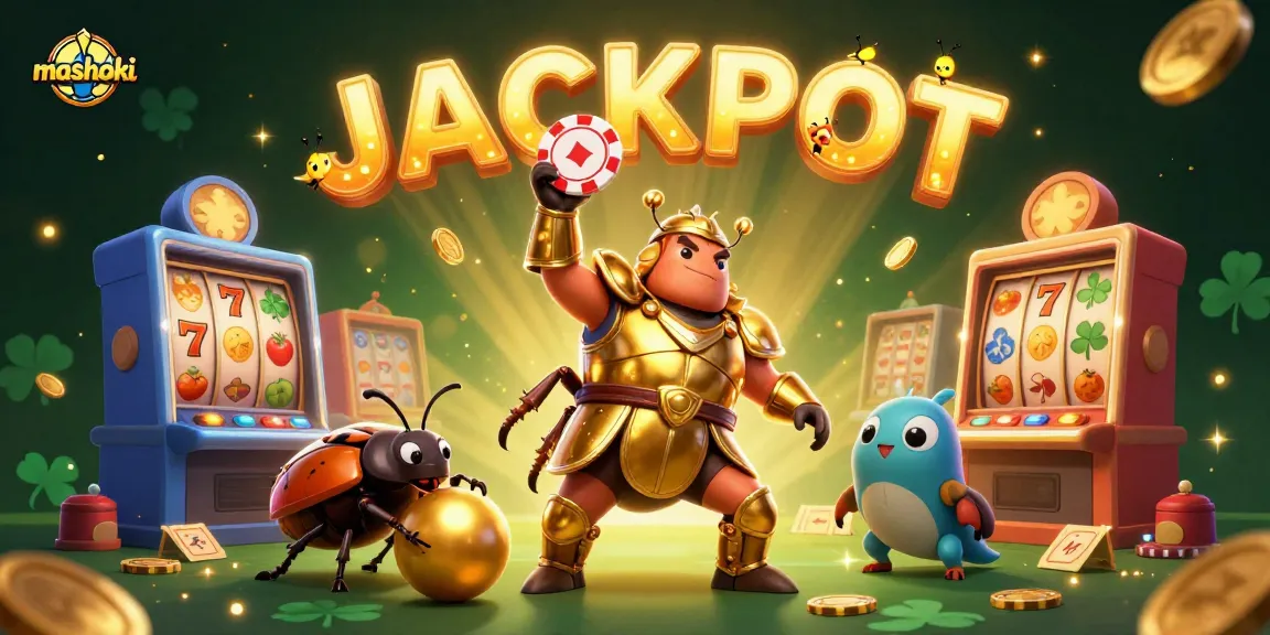 Experience exciting mashoki wins in this vibrant casino scene with slots, colorful characters, and jackpot energy.