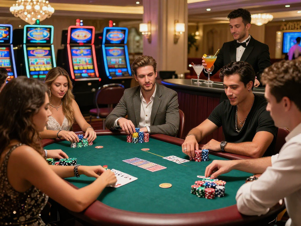 Giocatori divertendosi in un gioco di poker in un casino non aams, con decorazioni eleganti e luci vivaci.